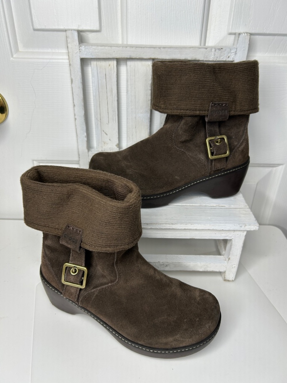 CROCS Brown Suede Fold-Over Ankle Boots with Buckle